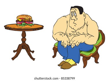 The fat man with the fear of looking at the hamburger, the topic of fat people. Vector illustration of a format EPS.