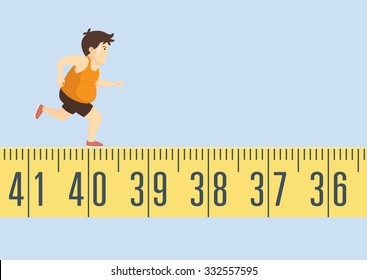 Fat Man Feeling Tired To Jogging On Tape Measure For Healthy And Lose Weight. This Is Health Care Concept.