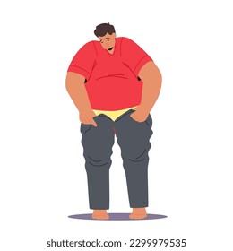 Fat Man Fights Zipper On Tight Pants In Hilarious Struggle With Bulging Belly And Frustration. Fabric Stretched And Strained Around Male Character Waist And Thighs. Cartoon People Vector Illustration