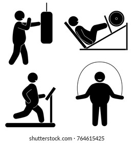 Fat man fitness training. Gym cardio strength exercise. Body building. Healthy training. Vector illustration