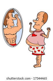 Fat man front of the mirror imagine himself very strong and fit.
