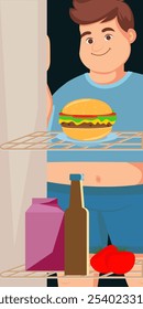 The fat man in front of the refrigerator is looking at a hamburger. Bottle, milk and tomatoes inside the refrigerator.
