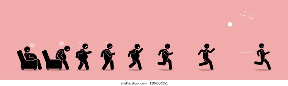 Fat man getting up, running, and become thin transformation. Vector artwork concept shows a stage by stage of an obese man turning himself into a healthy body by running. 