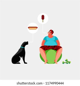 A fat man in glasses with a dog goes in for sports, dreaming of food, obese man wearing sports uniform doing fitness exercise. Fitness. Sport. Dream. 