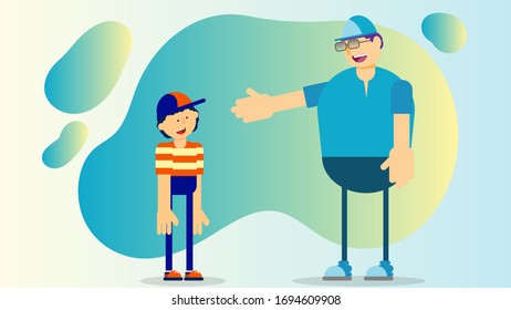 gordo con gafas, gesto con las manos, hablando con un niño sobre un fondo de formas abstractas con bordes suaves. carácter de diseño plano. vectorial