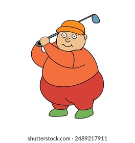 Fat man Golfer poses teeing off icon Vector Illustration