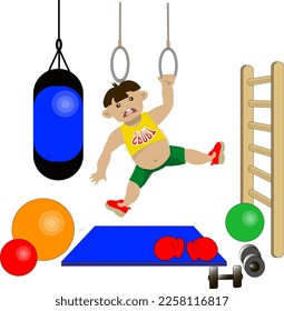 A fat man in the gym trains on gymnastic rings. The boy is upset.