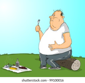 Fat man had eaten something bad and now he stomachache
