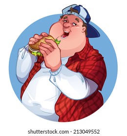 A fat man with a hamburger