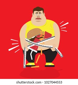 fat man with hamburger and soda