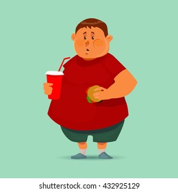 fat man with hamburger and soda, concept illustration, cartoon character, vector