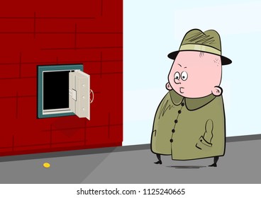 Fat man in a hat looking at a coin lying under the open safe. Flat vector.