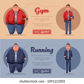 Fat man. Fat and health problems, strong sport in process. Running and activity lifestyle concept. Cartoon vector illustration. Never give up