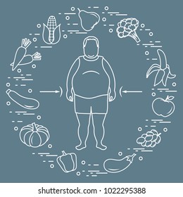 Fat man with healthy food around him. Healthy eating habits. Design for banner and print.