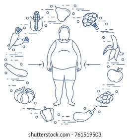 Fat man with healthy food around him. Healthy eating habits. Design for banner and print.