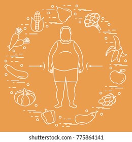 Fat man with healthy food around him. Healthy eating habits. Design for banner and print.