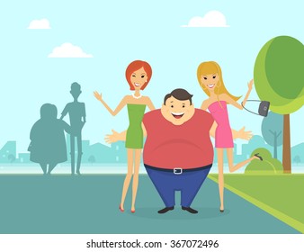 Fat man with his thin girlfriends in the park and thin man with fat woman behind them. Flat conceptual illustration 