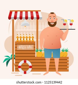 fat man holding cocktail glass at beach bar. vector illustration cartoon character
