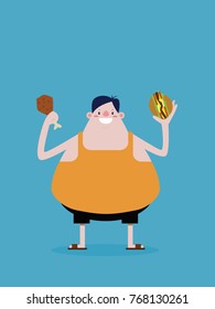 fat man holding food in hand. vector illustration