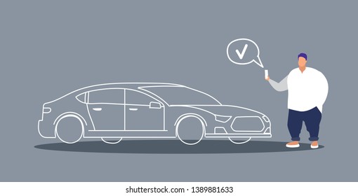 fat man holding smart phone ordering cab obese guy using mobile application online taxi service concept sketch doodle horizontal full length vector illustration