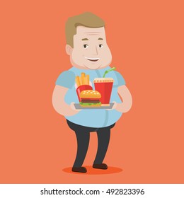 A fat man holding tray with soda, french fries and hamburger. Plump smiling man having a lunch in a fast food restaurant. Happy man with fast food. Vector flat design illustration. Square layout.