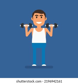 Fat man holding two dumbbells and smiling. Flat people. Vector Illustration