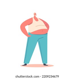 Fat Man with Huge Belly Stand with Arms Akimbo Isolated on White Background. Overweight Male Character with Bad Eating Habits, Unhealthy Lifestyle. Cartoon People Vector Illustration