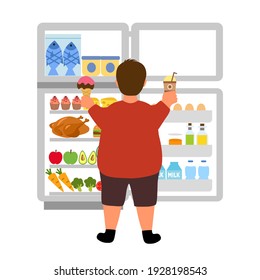 Fat man hungry and taking ice cream and ice coffee from refrigerator in flat design. Big overweight male find food for eating.