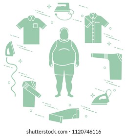 Fat man, irons, folded trousers, t-shirt, jumper, shirt. Design for banner and print.