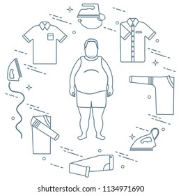 Fat man, irons, folded trousers, t-shirt, jumper, shirt. Design for banner and print.