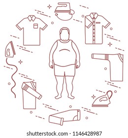 Fat man, irons, folded trousers, t-shirt, jumper, shirt. Design for banner and print.