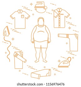 Fat man, irons, folded trousers, t-shirt, jumper, shirt. Design for banner and print.