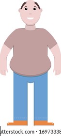 Fat man in jeans. Brown t-shirt, blue pants, orange sneakers.