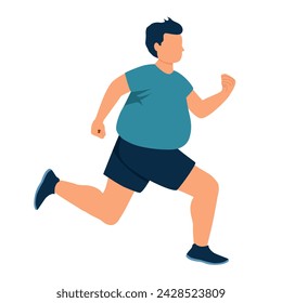 Fat man jogging character in flat design on white background. Weight loss.