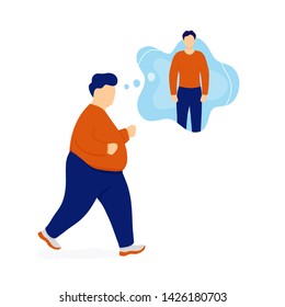 Fat man jogging and dreaming about weight loss. Flat modern trendy style.Vector illustration character icon. Isolated of white background.