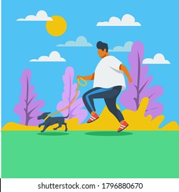 Fat man jogging with his dog