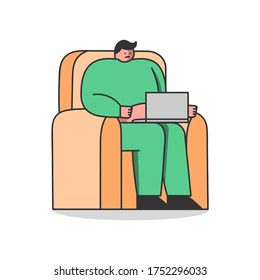 Fat man with laptop sitting in armchair. Overweight male character working from home or playing video games. Unhealthy sedentary lifestyle concept. Cartoon vector illustration