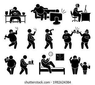 Fat man leading an unhealthy lifestyle. Vector illustrations of obese man overeating, sedentary lifestyle, inactive, drinking alcohol beer, smoking cigarette, eating unhealthy food, and sleeping late.