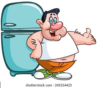 Fat man leaning on a fridge and presenting with his hand