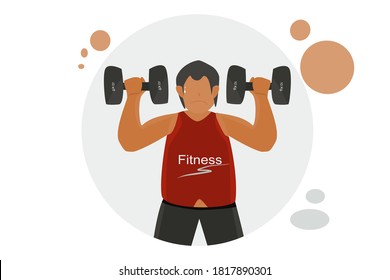 Fat man lifting weights with white background, healthy fitness lifestyle. Vector illustration concept exercises for health care 