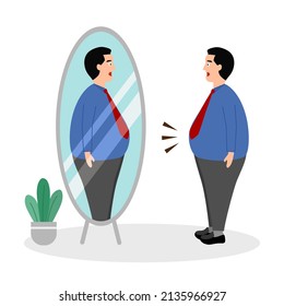 Fat man looking himself in the mirror in flat design on white background. Big belly guy.