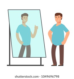 Fat man looking on strong and thin person reflection in mirror. Fitness goals vector concept. Man standing in mirror with overweight illustration