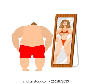 Fat man looks in mirror, reflection of strong woman. man identifies himself as a woman. Concept of accepting one's appearance and identifying oneself