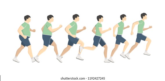 Fat man lose weight while running or jogging. Become slim doing sport exercise. Healthy and active lifestyle. Isolated flat vector illustration