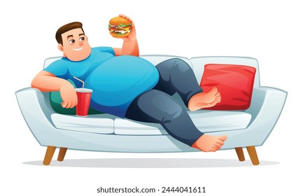 Fat man lying on the couch while holding burger and drink. Vector illustration isolated on white background