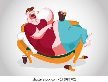 A Fat Man Lying On The Sofa And Eating Snacks. 