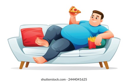 Hombre gordo acostado en el sofá con comida chatarra. Ilustración vectorial aislada sobre fondo blanco