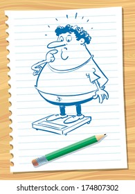 Fat man is measured on the scale.