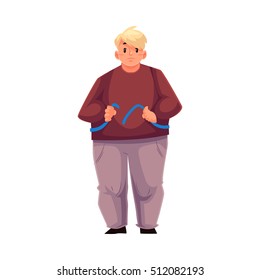 Fat man measuring himself with a tape and feeling sad with results, cartoon vector illustration isolated on white background. Overweight man measuring his weight, failed weight loss attempt