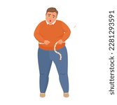 Fat man measuring waist. Obese man with measure tape, chubby boy vector cartoon illustration